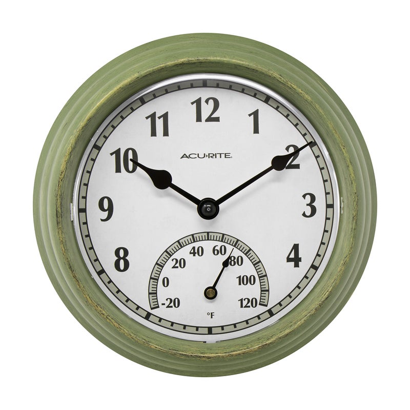 AcuRite 02470 Rustic Green Outdoor Clock with Thermometer, 8.5" - Image 1